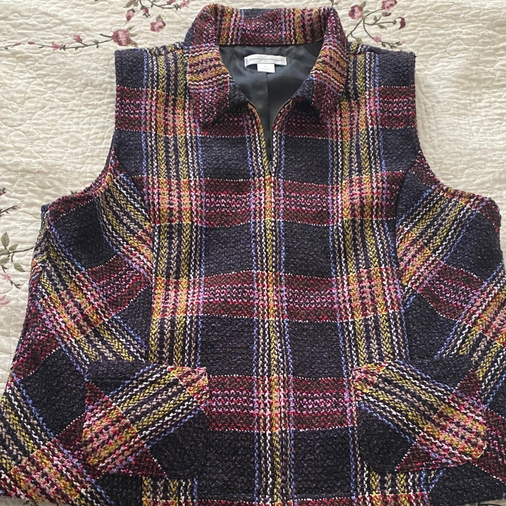 Christopher & Banks Plaid Vest in Red, Yellow, and Blue with zippered front